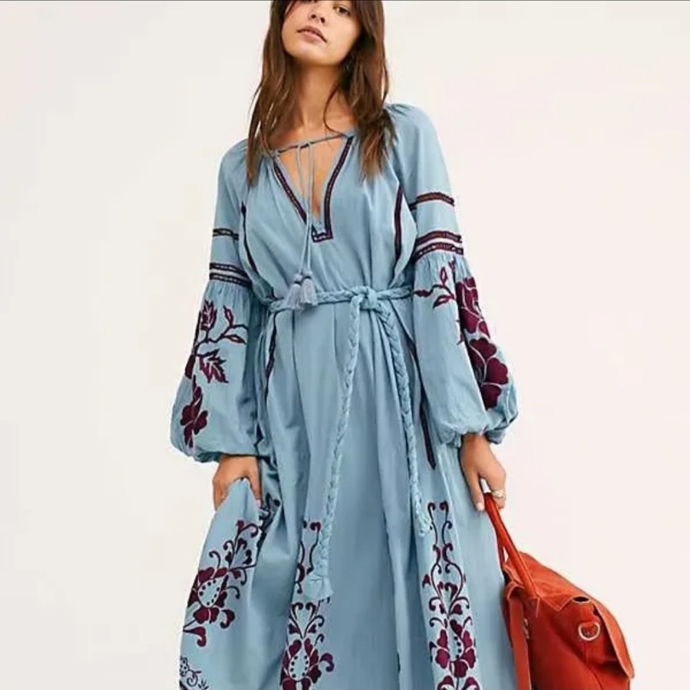 Blue Wrap Sundress with Bishop Sleeves and Tie Front